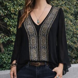 Vintage Libian Boho Sparkle Shirt Black Boho Fairy USA Made Y2K